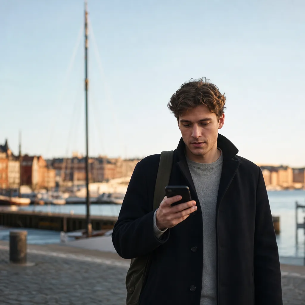 Ung person använder en snabb mobil i 5G-nätet i svensk stadsmiljö med en mobilmast i bakgrunden