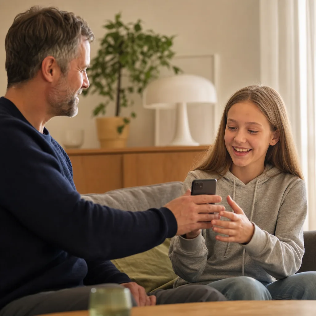 Förälder som visar barnet i lägre tonåren dess första mobiltelefon hemma i soffan