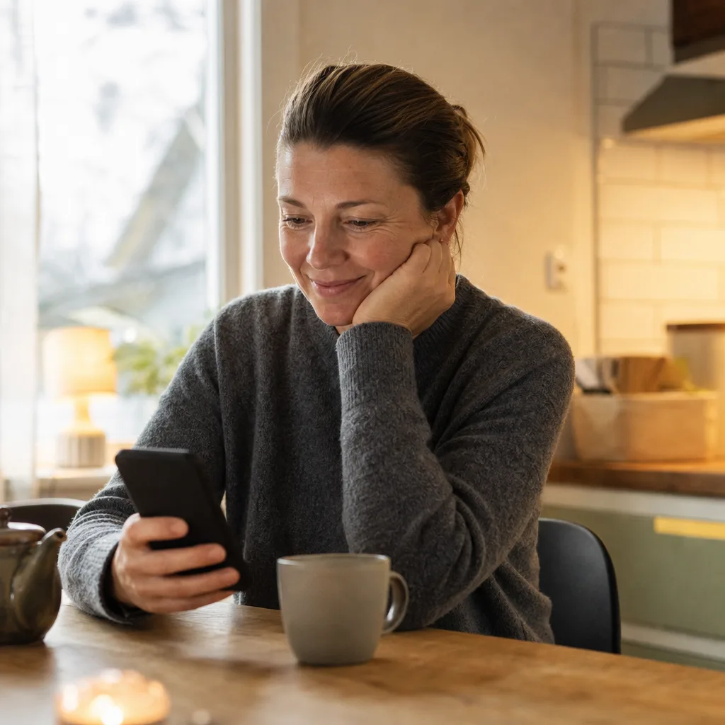 Person kollar lugnt sin ekonomi i mobilen hemma vid köksbordet