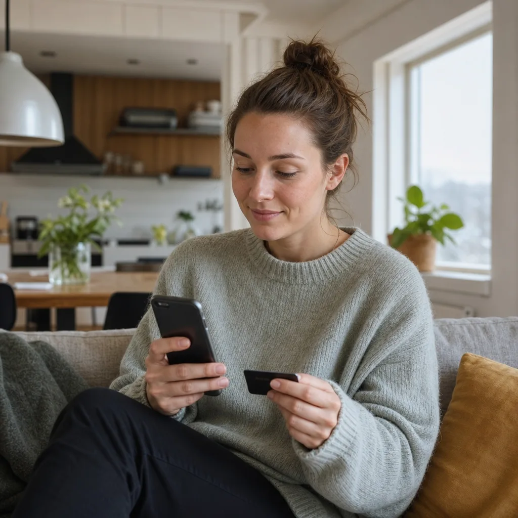 Person som handlar online med mobilen och betalkort i en ljus vardagsmiljö