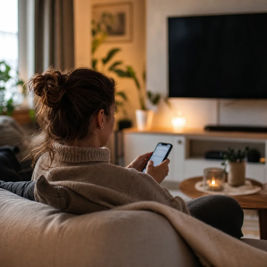 Person i soffan med mobilen och en tv i bakgrunden