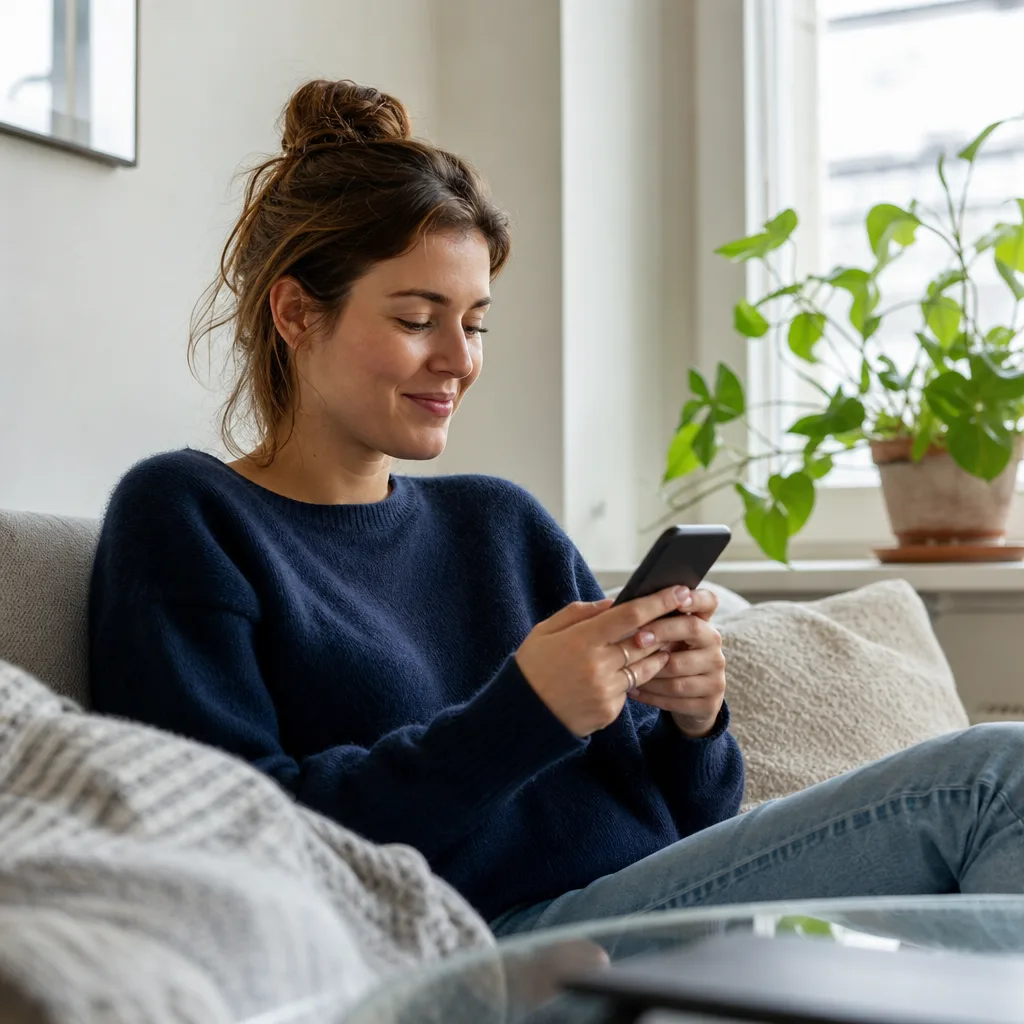 Person som håller en mobiltelefon och ler i en vardaglig svensk miljö