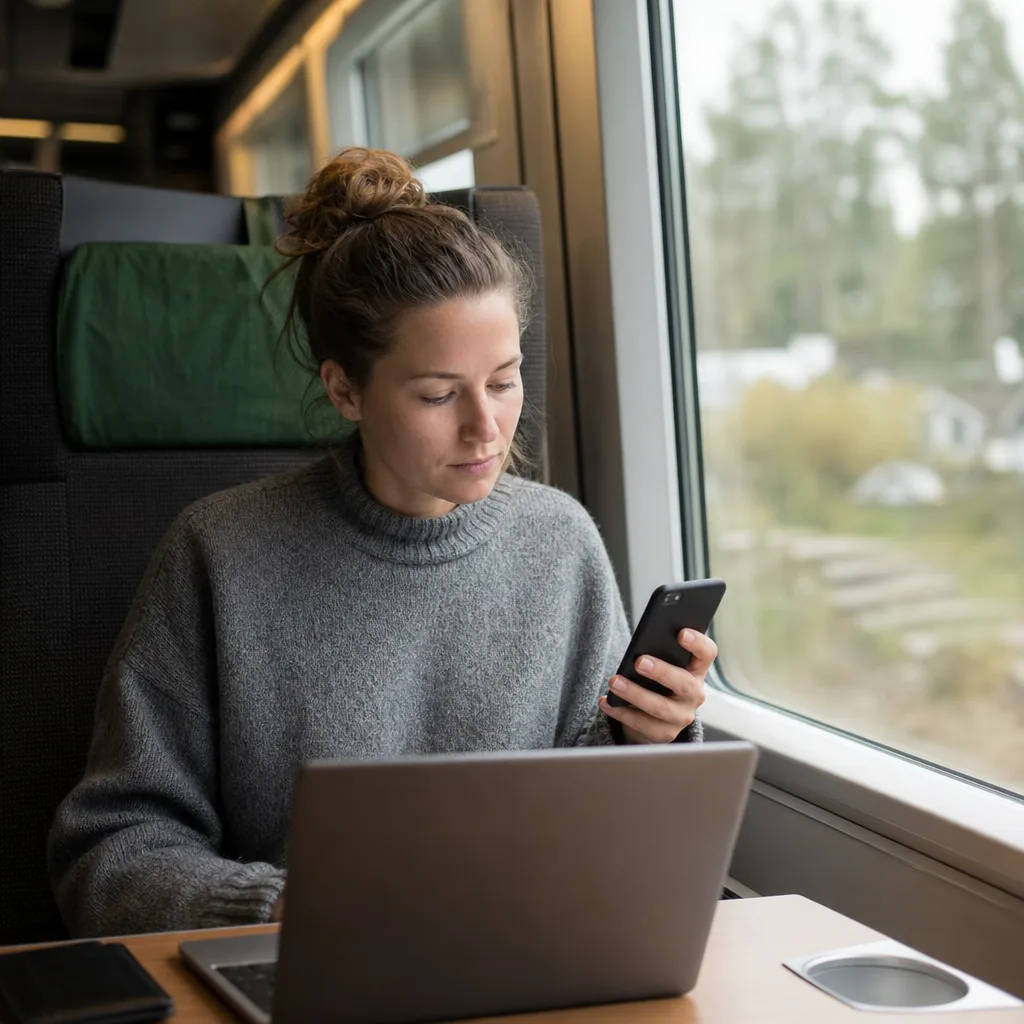Person kopplar upp sin laptop mot mobilens internetdelning på ett tåg