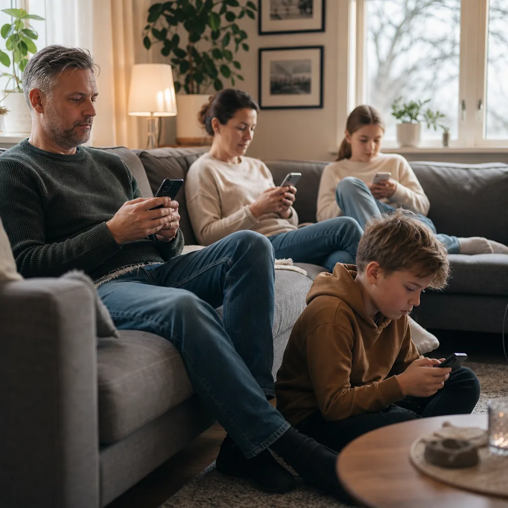 En familj där var och en använder sin mobil hemma i vardagsrummet i en varm nordisk miljö