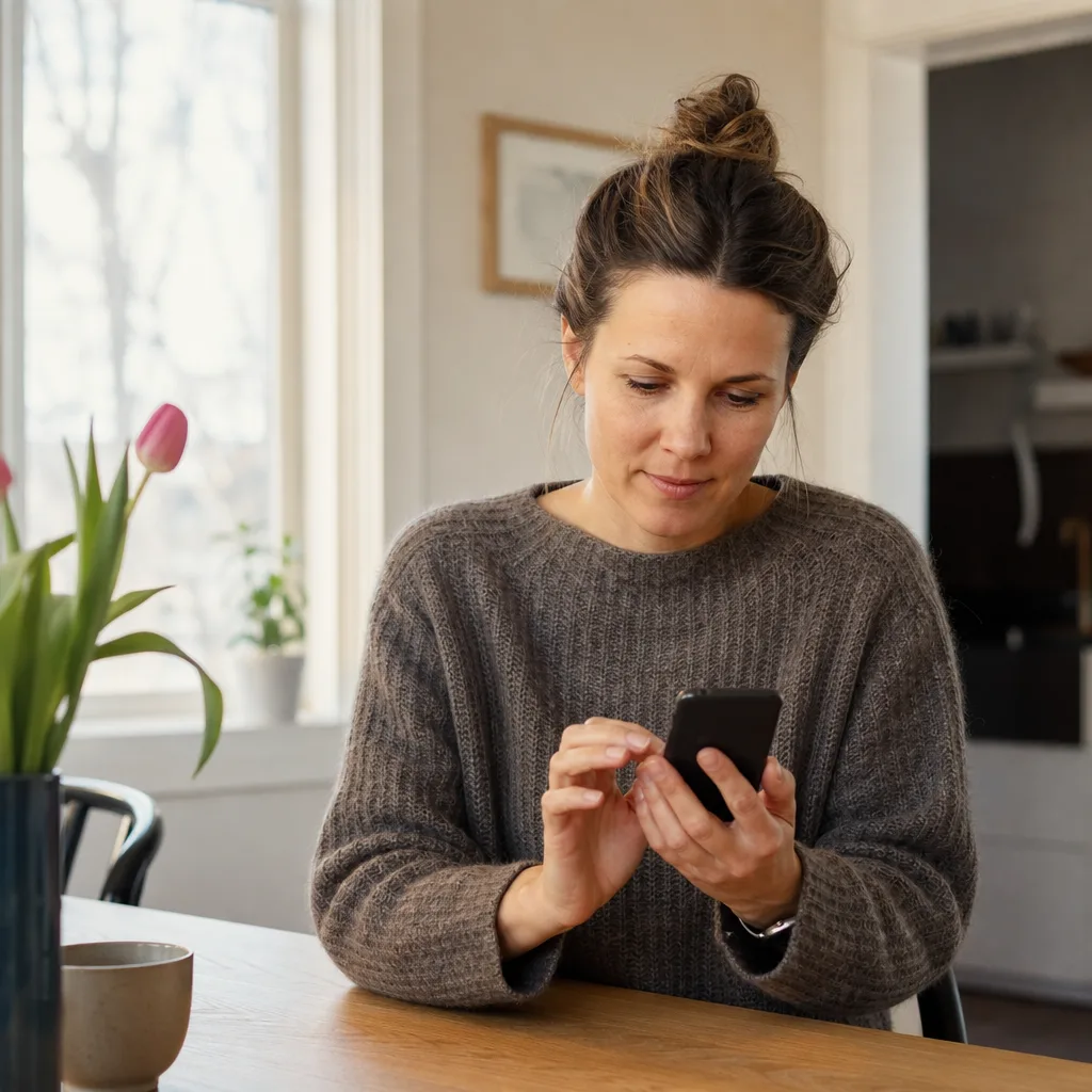 Person som aktiverar ett mobilabonnemang hos Fello på sin telefon i en ljus vardagsmiljö