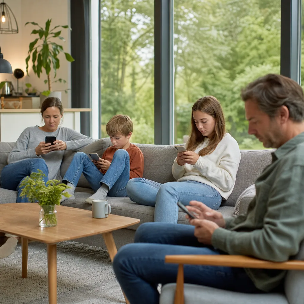 Familj som använder sina mobiler i vardagsrummet