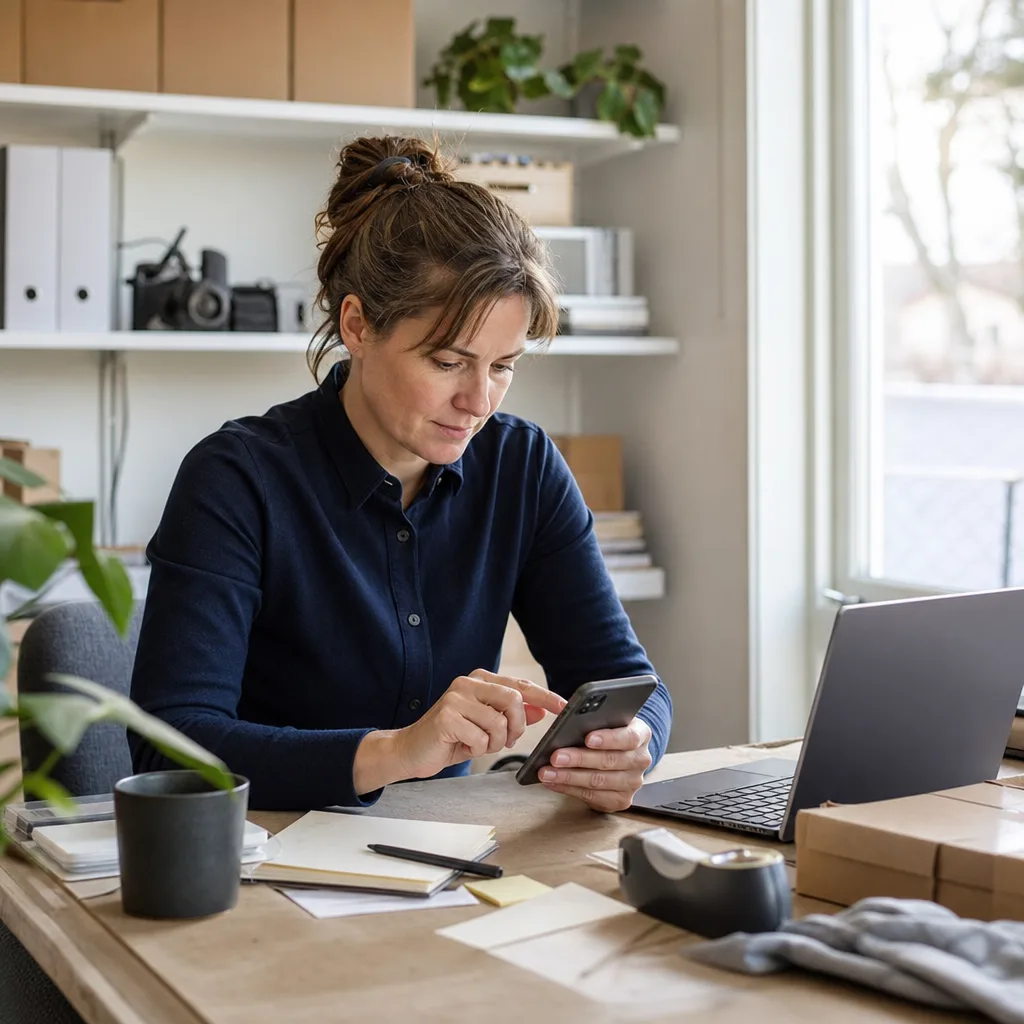Småföretagare som använder mobilen i sitt arbete på kontor och verkstad