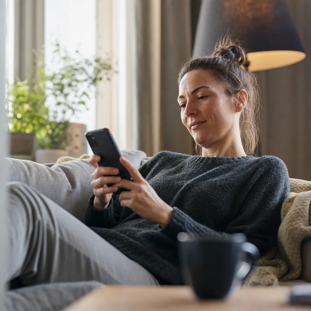 Person som streamar och scrollar fritt på mobilen hemma utan att tänka på datamängd