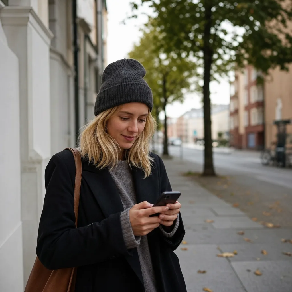 Ung vuxen som använder mobilen utomhus i en svensk stad en vanlig vardag, med Hallon i Tres mobilnät