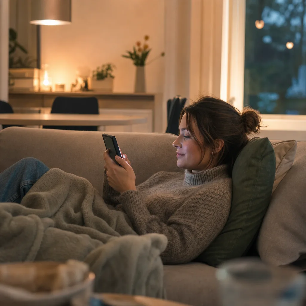 Person som streamar video i mobilen hemma i soffan