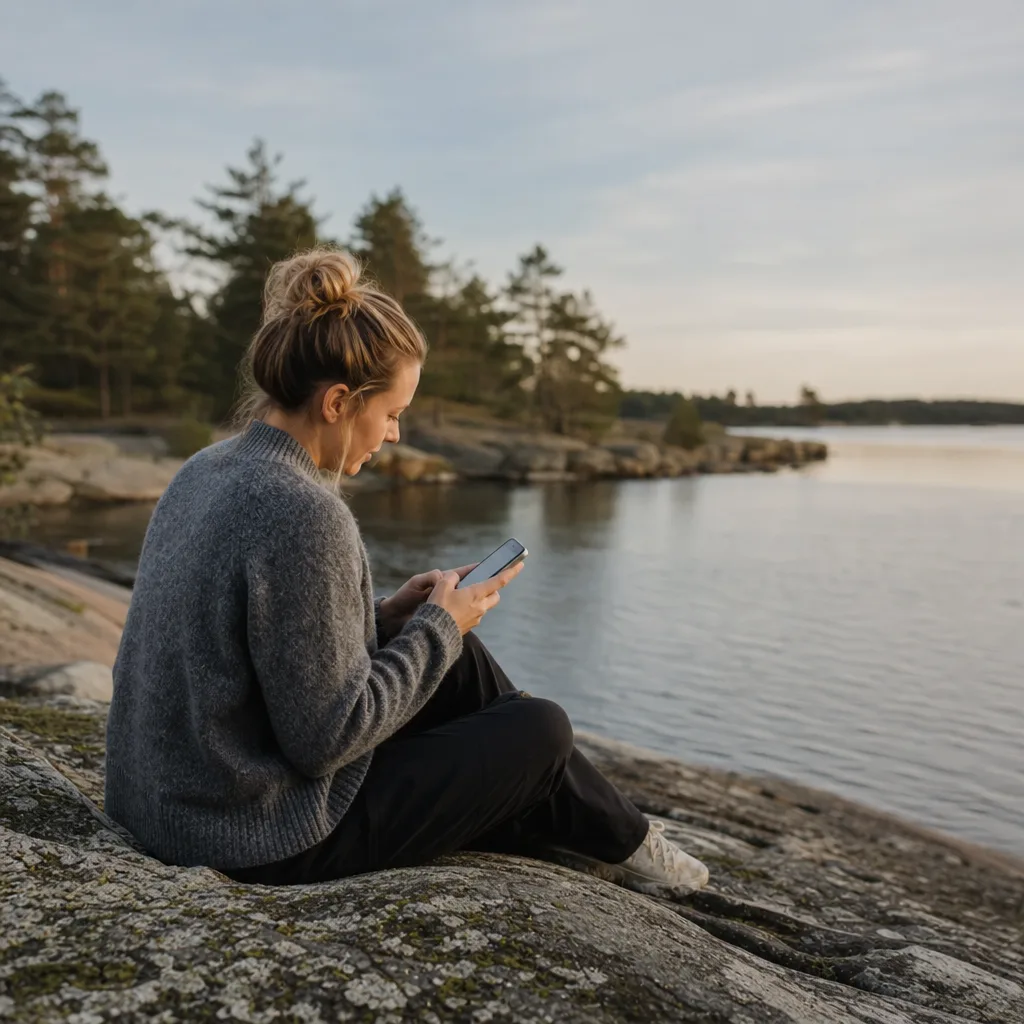 Person som använder mobilen ute i naturen