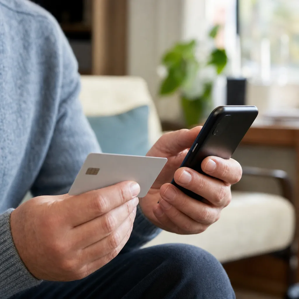 Hand som håller mobiltelefon och betalkort