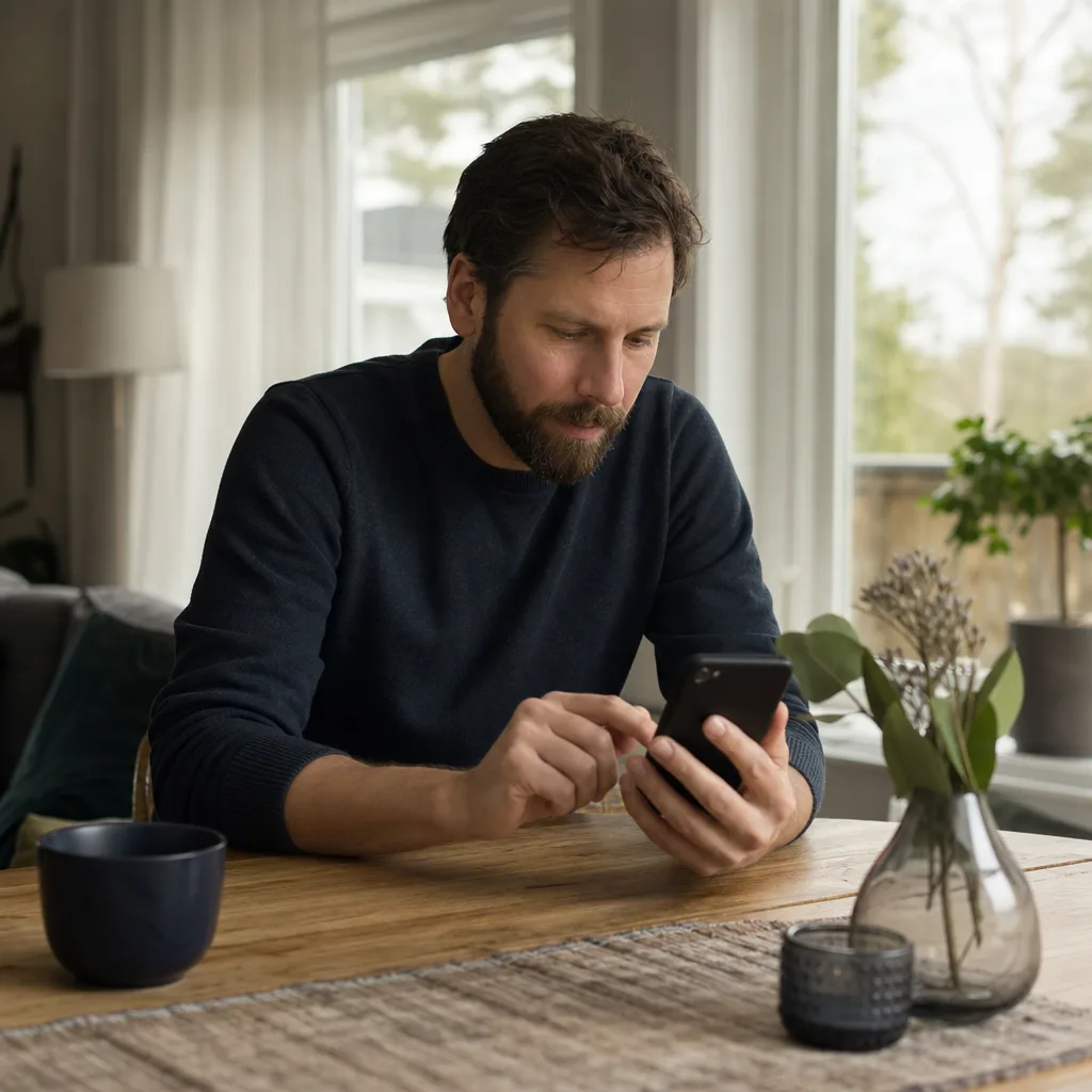 Person tittar på sin datamängd och surfstatistik i mobilen i en ljus vardagsmiljö
