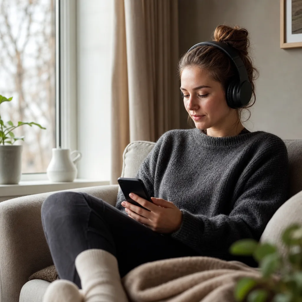 Ung person som lyssnar på musik i mobilen
