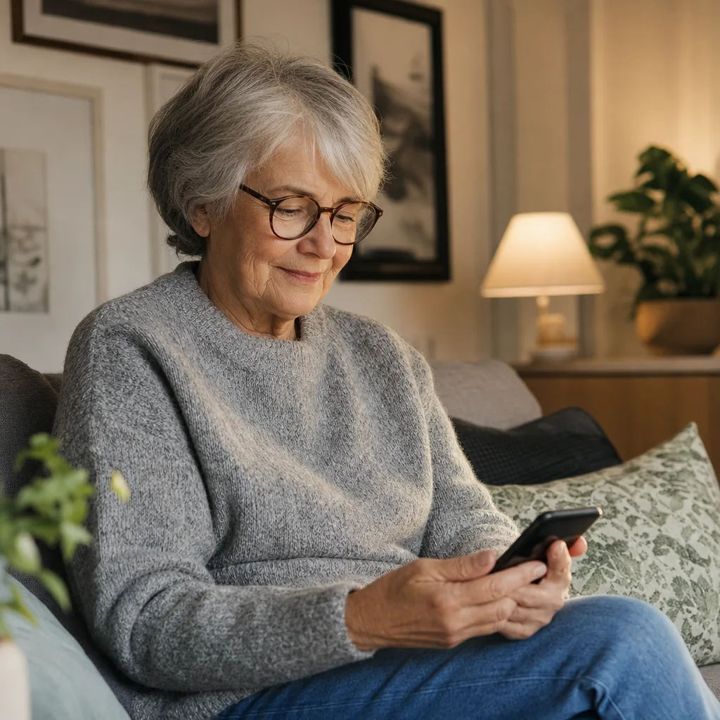 Äldre person som sitter avslappnat hemma och använder sin mobiltelefon i varmt ljus