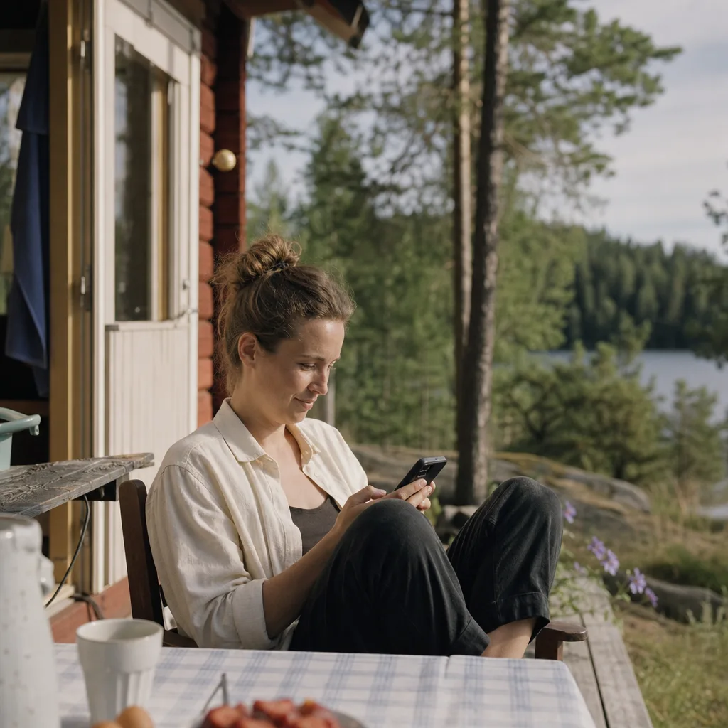 Person som använder mobilen vid en sommarstuga