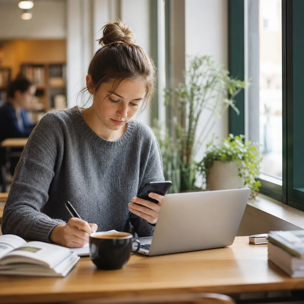 Student som pluggar med mobil och laptop på ett ljust café