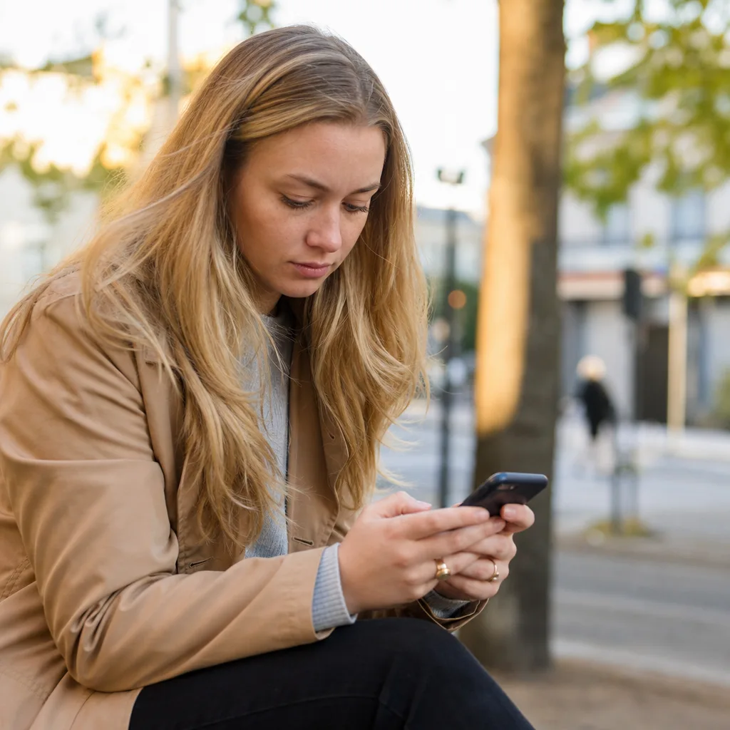 Vuxen person som surfar på mobilen i en svensk stadsmiljö med Tele2-abonnemang