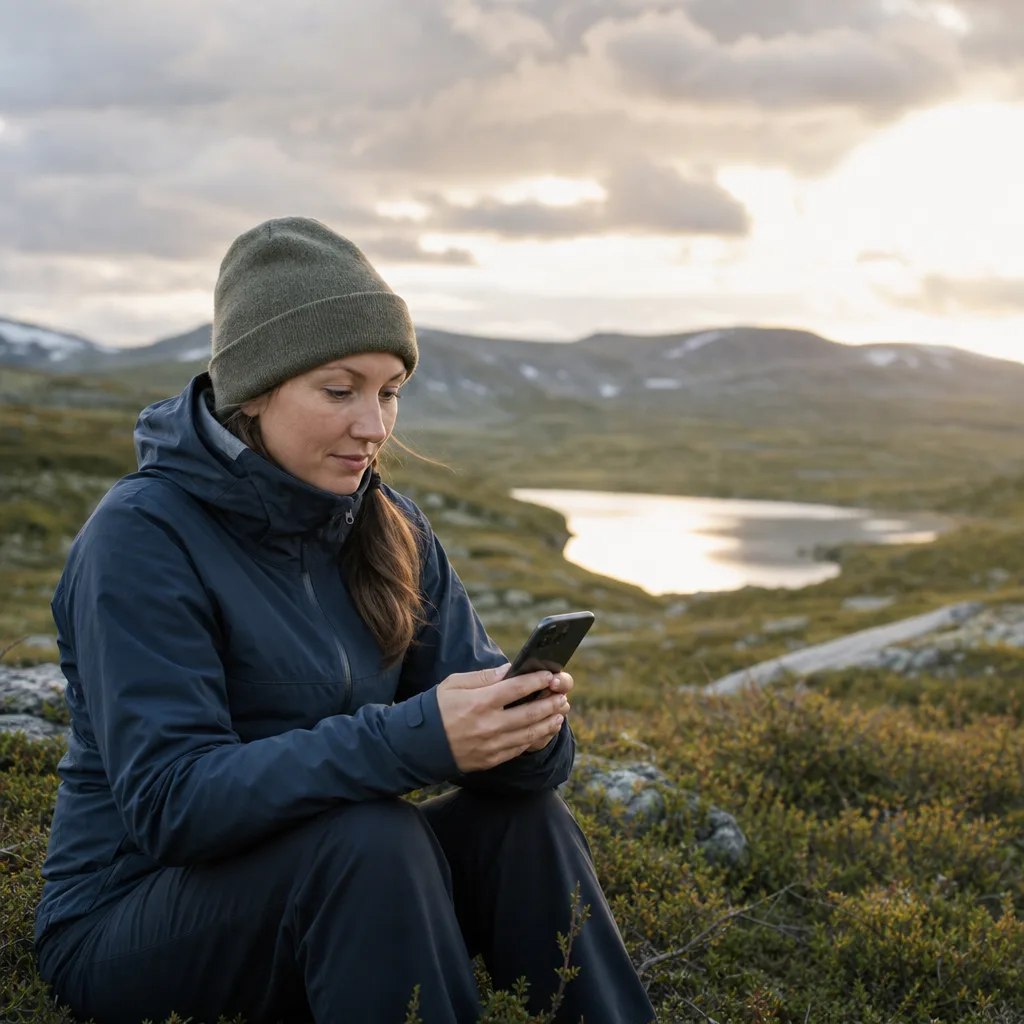 Person i svensk fjäll- och glesbygdsmiljö som använder mobilen med bra täckning, illustrerar Telias breda mobilnät