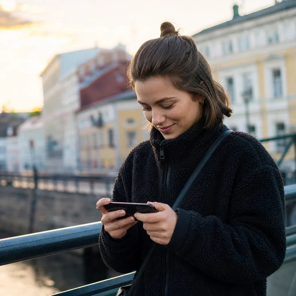 Ung person som streamar på mobilen med snabb 5G-uppkoppling i en svensk stadskärna