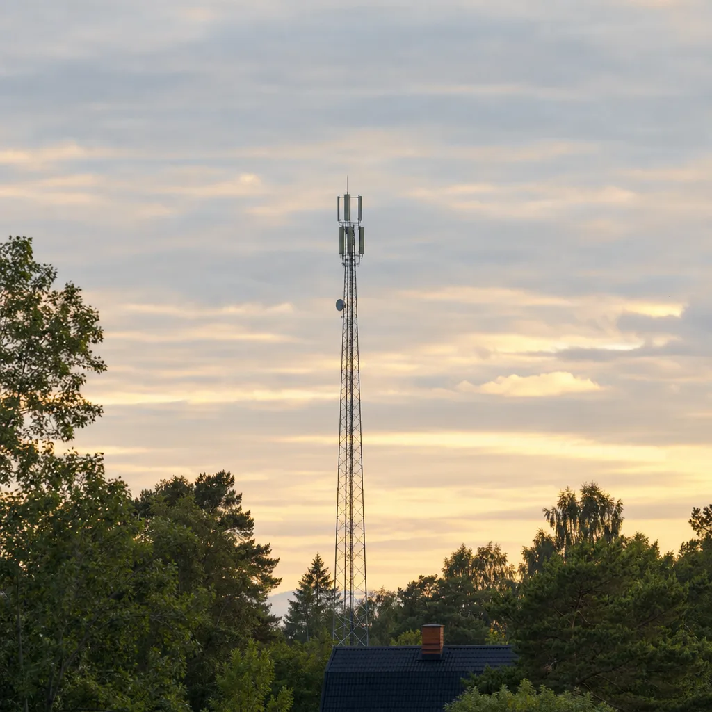 Mobilmast och sändare mot en svensk himmel som symboliserar de fysiska mobilnäten