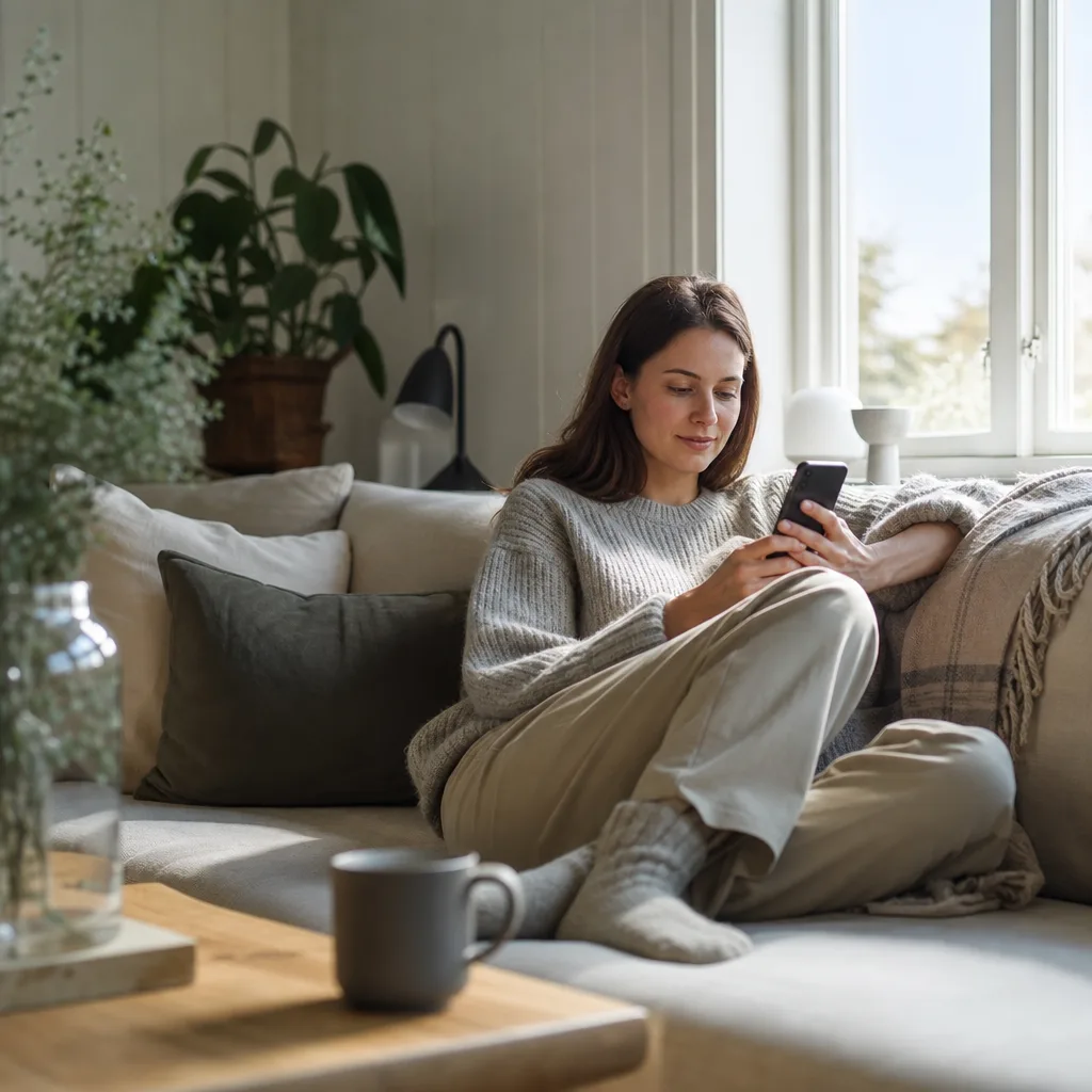 Person sitter i soffan och använder mobilen i en ljus skandinavisk hemmiljö